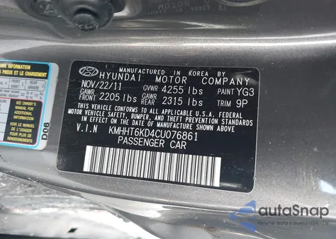 2012 Hyundai Genesis 2.0T from USA, damaged, VIN KMHHT6KD4CU076861